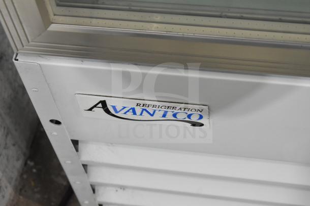 Brand new Avantco 178GDC24FHCW white glass door freezer with LED lighting, minor scratches, 115V, 1 phase.