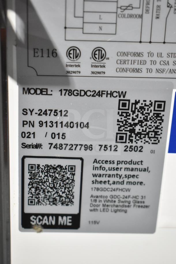 Avantco model 178GDC24FHCW merchandiser freezer label, showing QR codes, serial number 748727796, and compliance markings.