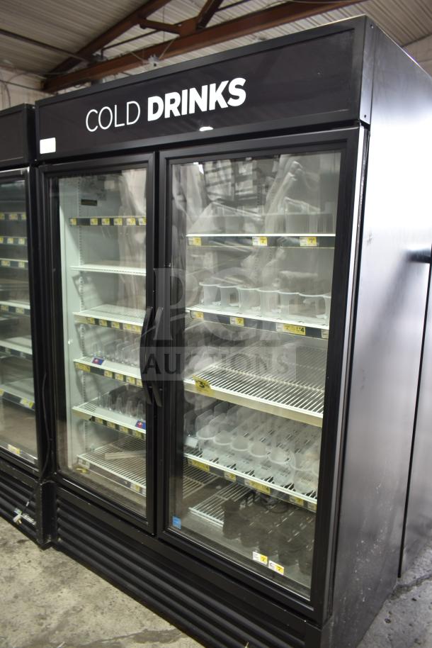 2017 True GDM-49-HC 2-door commercial cooler, black frame, glass doors, "Cold Drinks" label, tested and working.