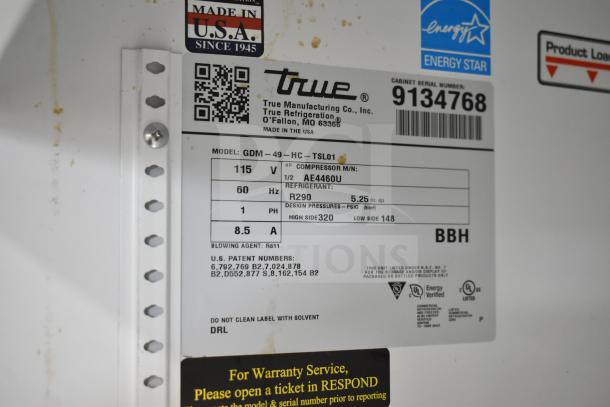 2017 True GDM-49-HC 2 door merchandiser label, 115 volts, Energy Star, model GDM-49-HC, tested working, made in USA.