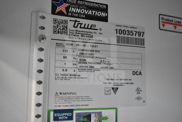 2020 True GDM-49-HC Reach-In Cooler label showing model, serial number, voltage, refrigerant, and design pressures.