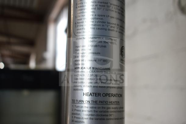 Backyard Pro Courtyard Series PH1SS stainless steel propane patio heater label, 47,000 BTU, conforms to CSA/ANSI standards.