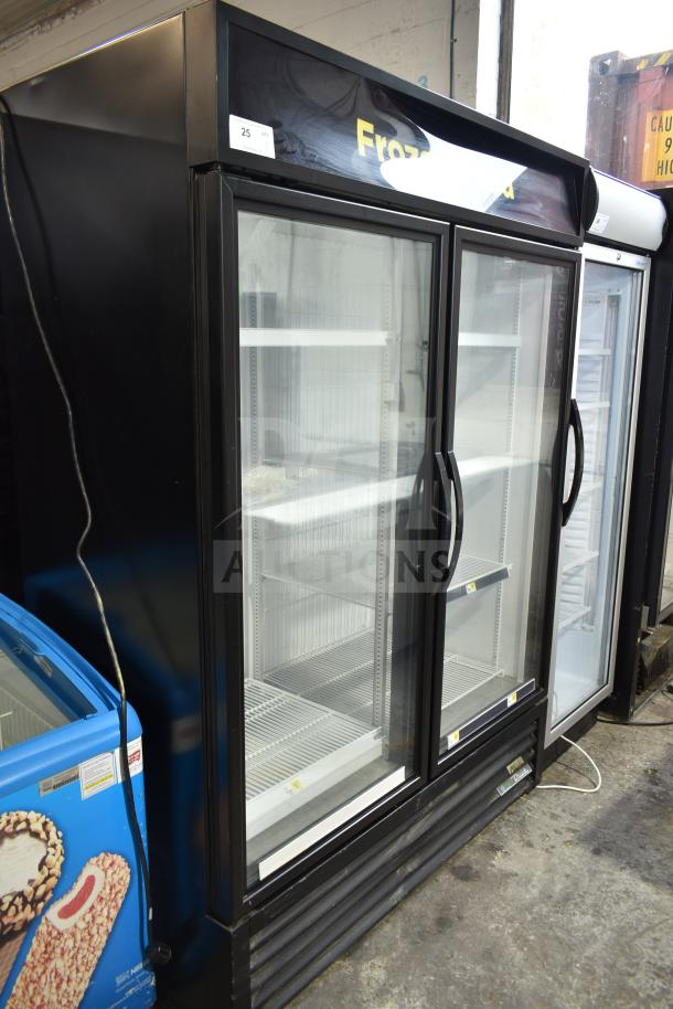 2021 True GDM-49F-HC commercial freezer, two glass doors, black, tested and working, 115/208-230 volts, 1 phase.
