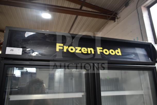 2021 True GDM-49F-HC freezer merchandiser, 2 glass doors, "Frozen Food" signage, tested, 115/208-230V, excellent condition.