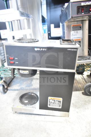 2024 Bunn VPR 12-Cup Pourover Coffee Brewer, black, with 1 upper and 1 lower warmer. 120V, model 33200.0015, warning labels visible.