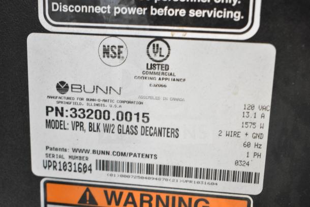 Label on Bunn 33200.0015 VPR Black 12 Cup Pourover Coffee Brewer, 120V, with listing for NSF, UL certification, and serial number.