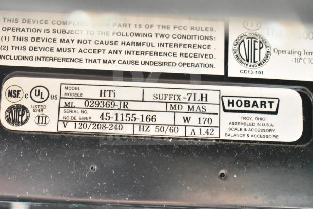 2016 Hobart HTi-7LH26 food portioning scale, screen damage, no power cord, 120/208-240V, 1 phase, tested working.