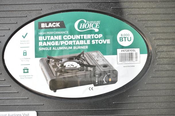 Choice 472E10SL 1-burner butane stove, 8000 BTU, black, brand new, scratch and dent, includes carrying case.