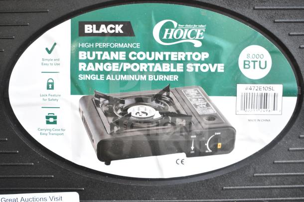 "Choice 472E10SL 1-burner portable butane stove, 8000 BTU. Black, aluminum, new condition. Includes lock and carry case."