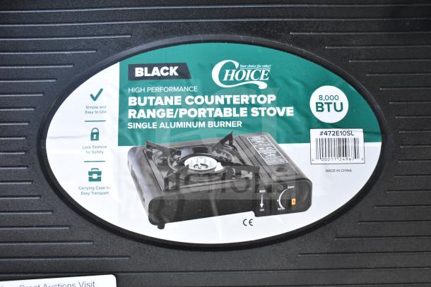 "Choice 472E10SL high performance butane portable stove, 8000 BTU, single aluminum burner, brand new with case."