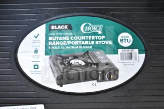 "Choice 472E10SL high performance butane portable stove, 8000 BTU, single aluminum burner, brand new with case."