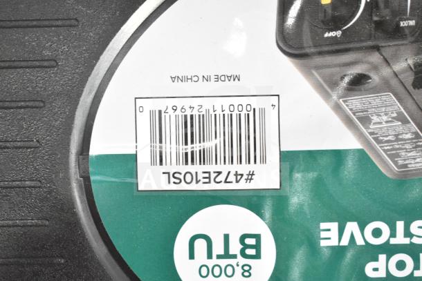 BRAND NEW Choice 472E10SL 1-Burner Butane Stove, 8000 BTU, showing label with barcode and "Made in China" marking.
