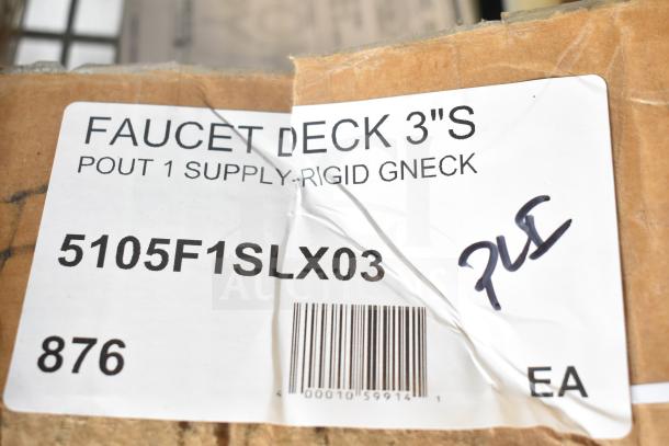 BRAND NEW Equip by T&S 5F-1SLX03 deck mounted faucet, 2 13/16" gooseneck spout, laminar flow, lever handle. Label visible.