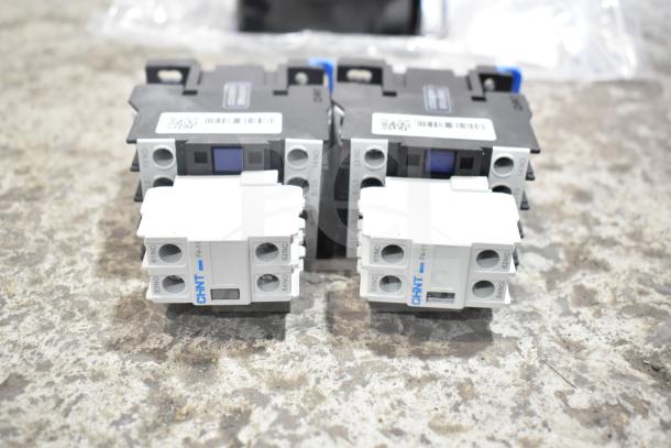 Brand new CHNT CJX2-18 contactors with GB/T 14048.5 standard and visible barcode labels, sold as scratch and dent.