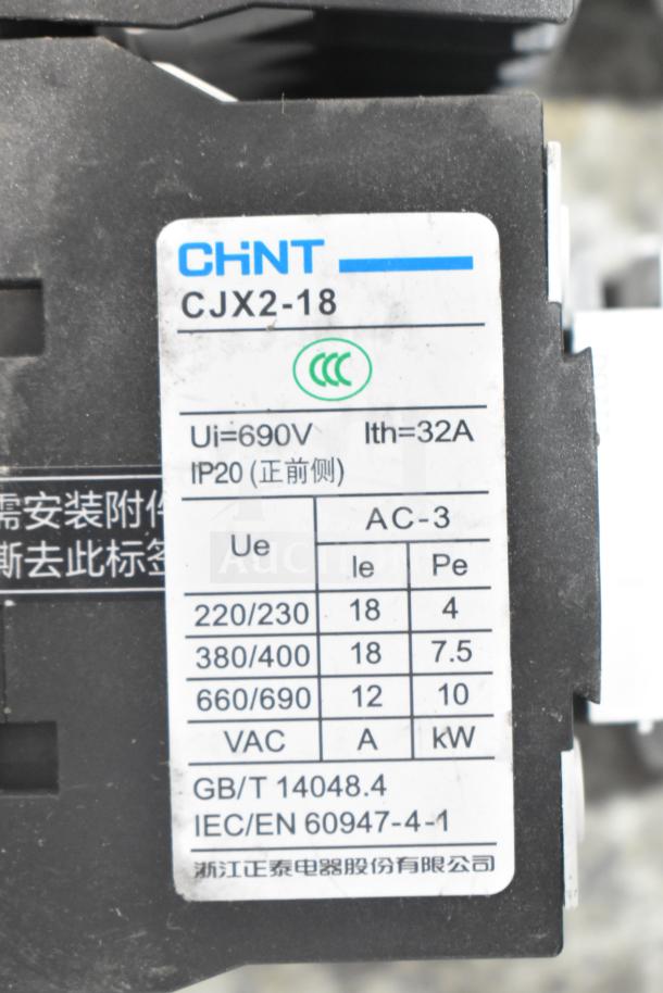 CHNT CJX2-18 contactor, Ui=690V, Ith=32A, IP20, complies with GB/T 14048.4 and IEC/EN 60947-4-1 standards. Brand new.