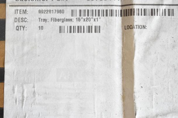 Fiberglass tray item label with item number 9922817960, size 15"x20"x1", quantity 10, new condition.