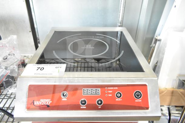 Brand new Avantco 177IC3500 countertop induction range, digital display, scratch and dent, 208-240V, 1 phase, auction tag visible.