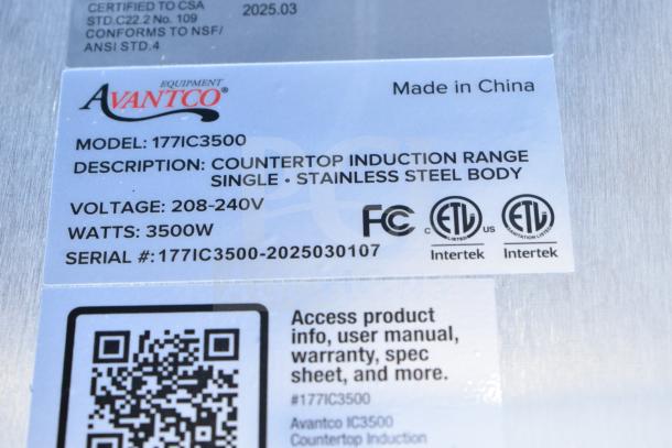BRAND NEW 2025 Avantco 177IC3500 Countertop Induction Range, stainless steel, 208-240V, 3500W, scratch and dent condition.