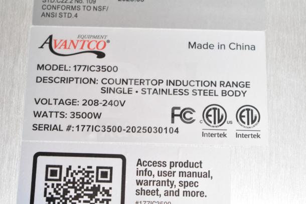 "New Avantco 177IC3500 countertop induction range label; shows model, voltage (208-240V), 3500W, serial #177IC3500-2025030104."