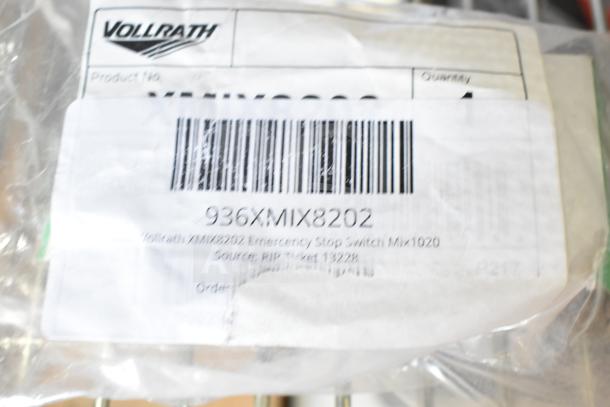 Brand new Vollrath XMIX8202 Emergency Stop Switch, includes barcode and product details on packaging.