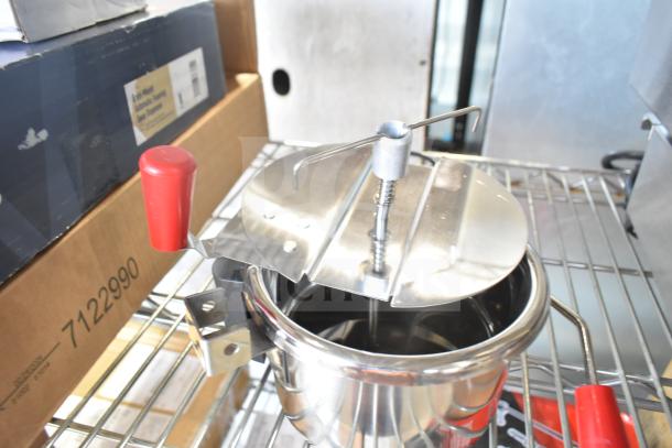 Carnival King 382PM4KETTLE replacement kettle for PM470 4 oz. popcorn poppers, shiny metal with red handles, brand new.