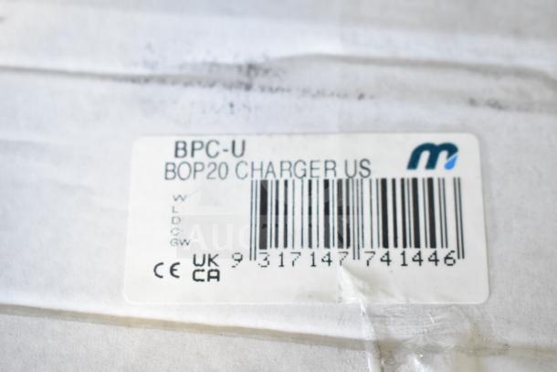 BRAND NEW BOP20 Charger box label showing model BPC-U, barcode, and CE markings; minor box blemishes visible.