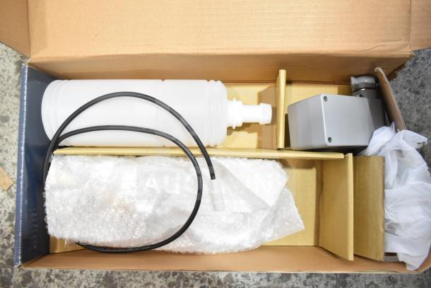 Brand new Waterloo 33.8 fl. oz. automatic deck-mounted chrome soap dispenser with foam spout, box includes accessories.