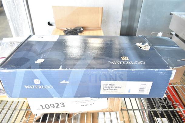 BRAND NEW SCRATCH AND DENT! Waterloo 750151512, 33.8 fl. oz. chrome soap dispenser in box with minor damage.