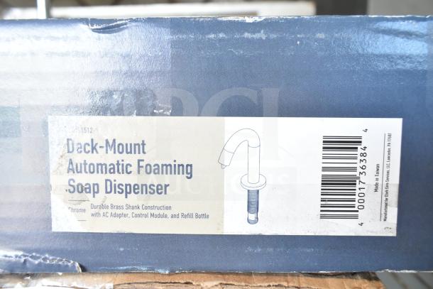 Brand new Waterloo 33.8 fl. oz. automatic deck-mounted chrome soap dispenser with foam spout, scratch and dent condition.