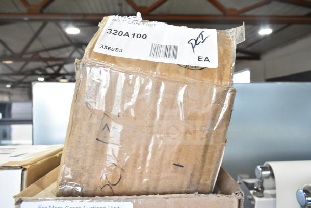 Cardboard box with 320A100 label, marked "EA" and "RLT"; part of new scratch and dent items, includes thermocouple and control board.