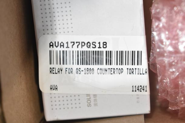 Barcode label showing "AVA177PQ518, Relay for QS-1800 Countertop Tortilla." Brand new, part of auction lot, includes four items.