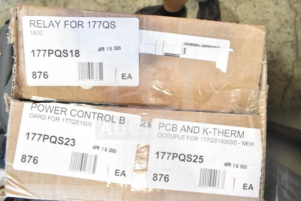 Box of four brand new "scratch and dent" items including relay, power control board, and thermocouple. Labels show model numbers 177PQS18, 177PQS23, 177PQS25, with expiration date Apr 16, 2026.