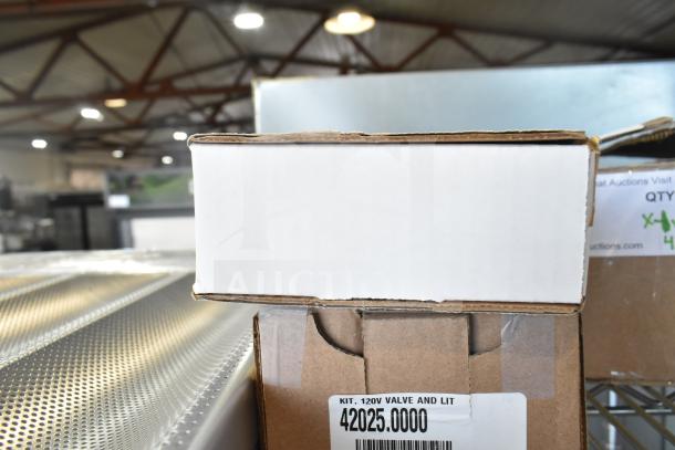 Box labeled "KIT, 120V VALVE AND LIT 42025.0000" on a metal surface. Contains new, scratch and dent items: thermocouple, control board, pilot assembly.