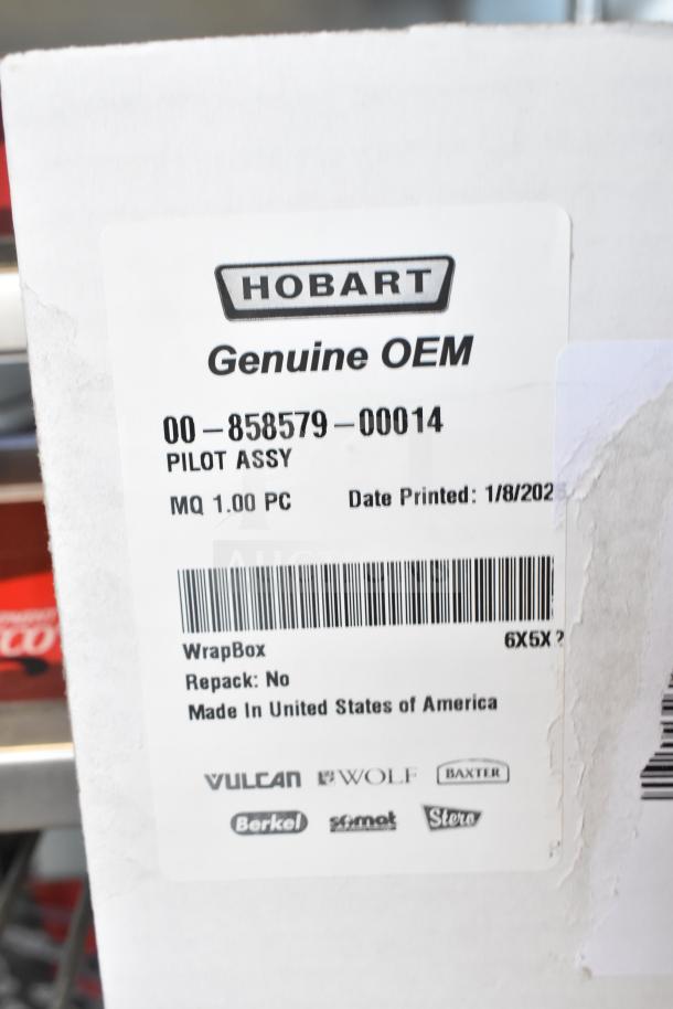 Box label for Hobart Genuine OEM Pilot Assy, code 00-858579-00014. Item is brand new, made in USA, not repacked.