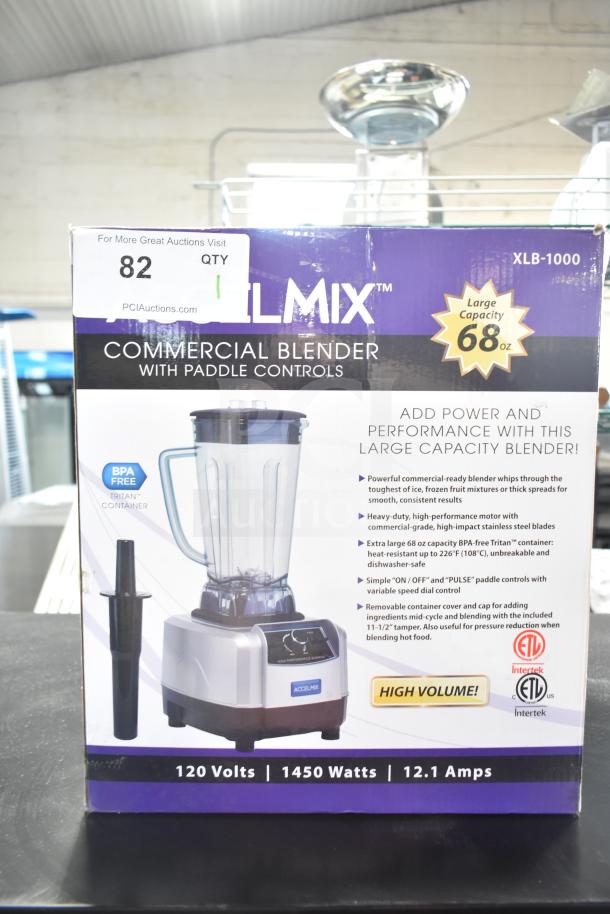 Winco XLB-1000 AccelMix Blender with 68 oz Tritan™ container, paddle controls, 120V, 1450W. New in box with features listed.
