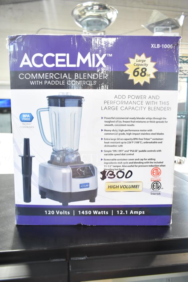 Winco XLB-1000 AccelMix countertop blender, 68 oz BPA-free Tritan container, 1450 watts, paddle controls, new in box.