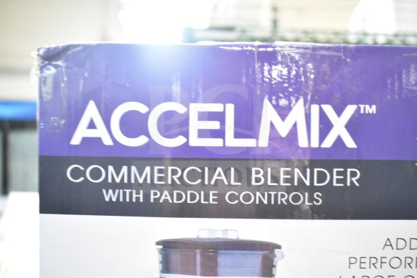 Winco XLB-1000 AccelMix commercial blender box showing brand and model, featuring paddle controls.