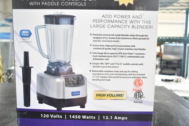 Winco XLB-1000 AccelMix blender, features BPA-free Tritan™ container, 68 oz capacity, commercial-grade motor, stainless steel blades.