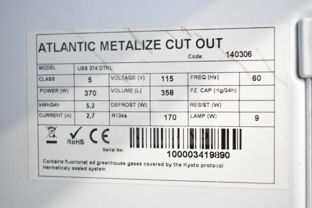 Atlantic USS 374 DTKL Commercial Cooler label. Features 115V, 370W, 358L capacity, R134a refrigerant, Model details listed.