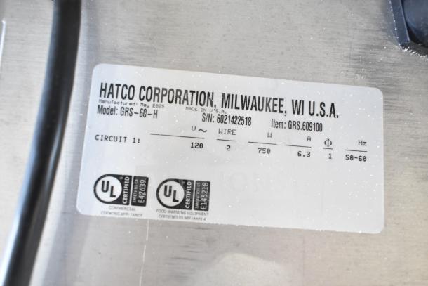 Hatco GRS-60-H label showing model, serial number 6021422518, 120V, 750W, and UL certification.