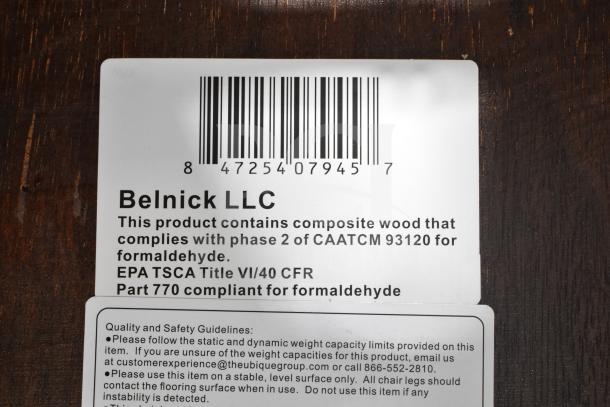 Scratch and dent Flash Furniture XS-WALNUT-GG Hercules Walnut Chiavari stacking chair label. EPA compliance details included.