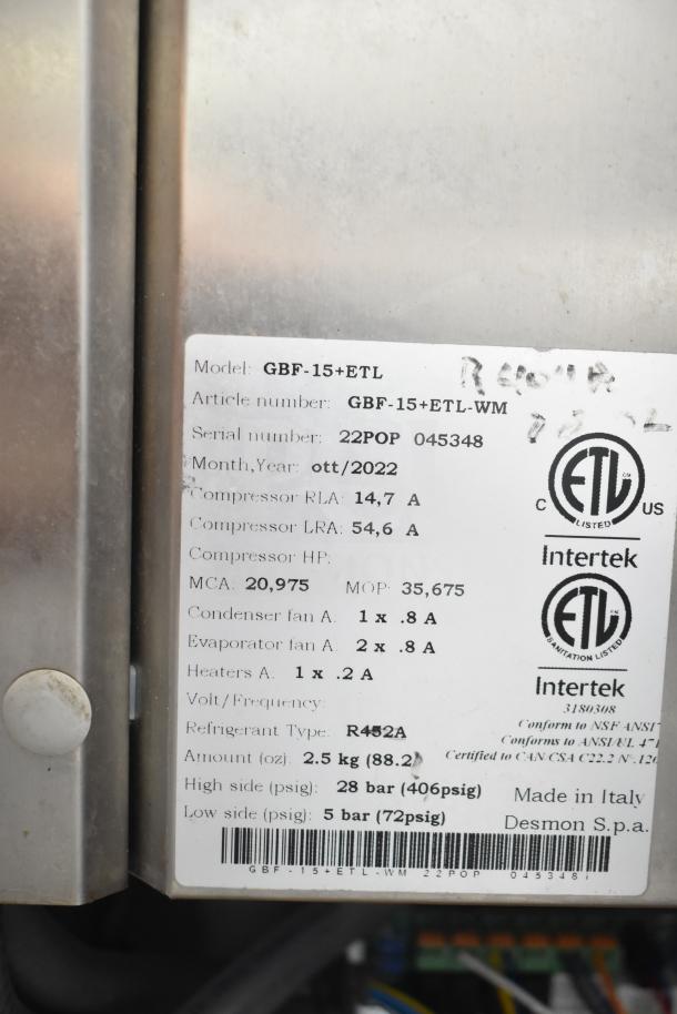 2022 Desmon GBF-15+ETL Stainless Steel Blast Chiller, 4 probes, 220V, 3 Phase, label showing specs and certifications.