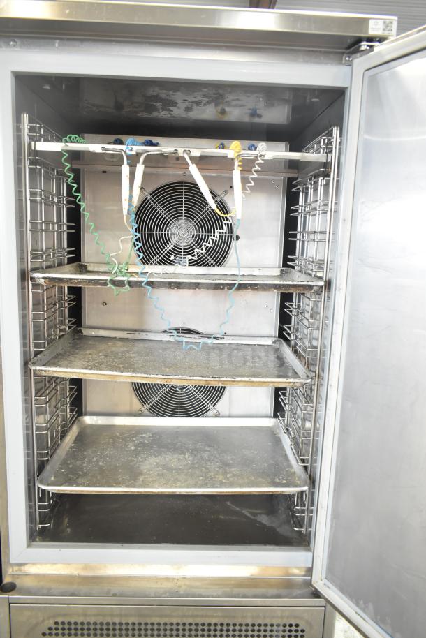 2022 Desmon GBF-15+ETL stainless steel blast chiller with 4 probes, 220 Volts, 3 Phase, shelving, and fan visible.