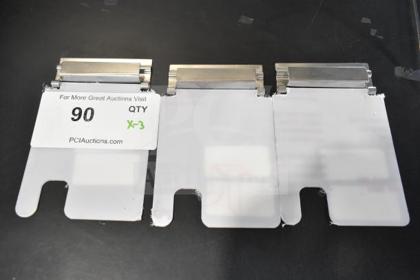 3 new Cal-Mil 1807N notched plastic lids with stainless steel hinges, minor scratches. Auction lot 90, qty 3.