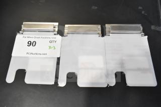 3 new Cal-Mil 1807N notched plastic lids with stainless steel hinges, minor scratches. Auction lot 90, qty 3.