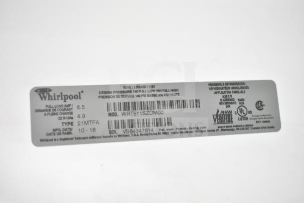 Label of 2016 Whirlpool WRT511SZDM00 cooler with freezer, showing model, serial number, and electrical specs.