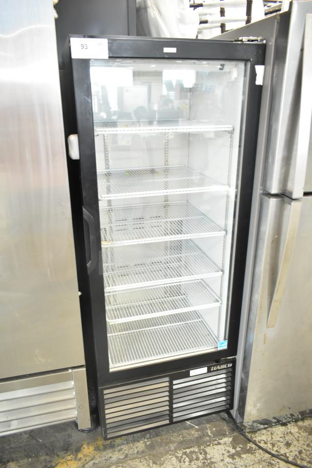Habco ESM12 Commercial Cooler, single door, 115V, 1 phase, glass front, black frame, several shelves, used condition.