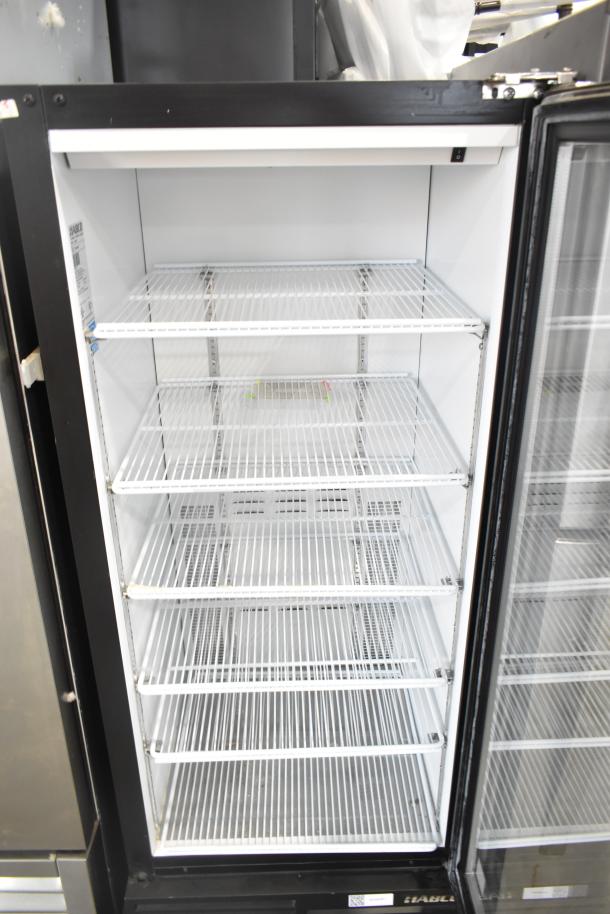 Habco ESM12 single door commercial cooler, 115V, 1 phase, white wire shelving, clean interior, ideal for merchandising.