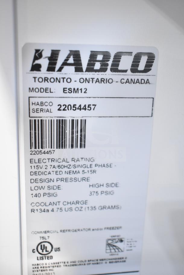 Habco ESM12 cooler label detailing model, serial number 22054457, electrical rating of 115V/7.2A, and coolant type R134a.