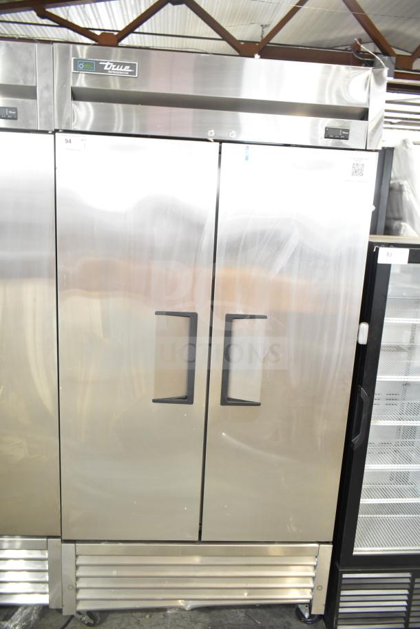 2022 True T-35-HC Commercial 2 Door Reach-In Cooler on casters, 115V, 1 Phase, stainless steel finish, True logo visible.